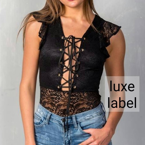 Lace-Up Plunge Black Floral Lace Bodysuit - Picture 2 of 5